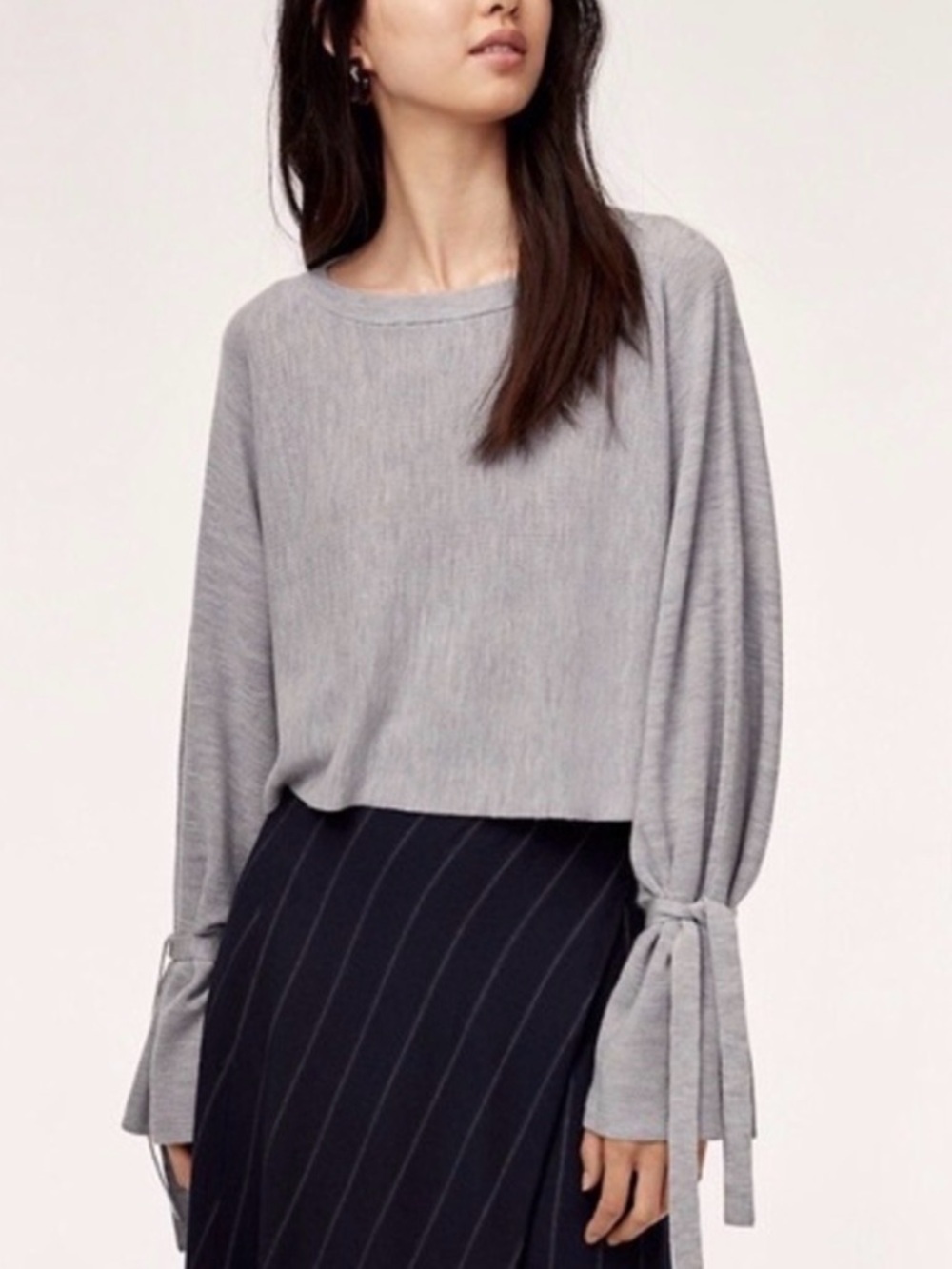 Wilfred Emmy Sweater Grey Merino Wool Cropped Tie Sleeve Knit Top Medium